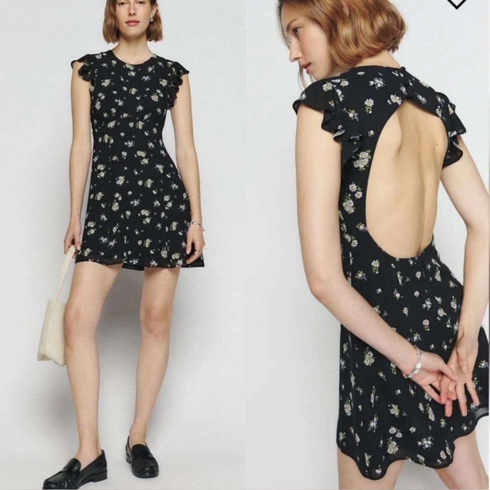 Reformation Idalia Mini Floral Black Dress Open Back Size 12